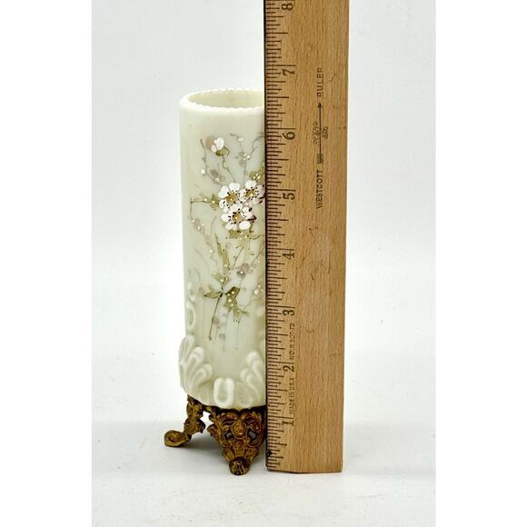 Wavecrest C.F. Monroe Art Glass Enameled Floral Vase w/ Gilt  C. F. MONROE Antique Wave Creast Vase Floral Gilt Footed Base - 6.5\